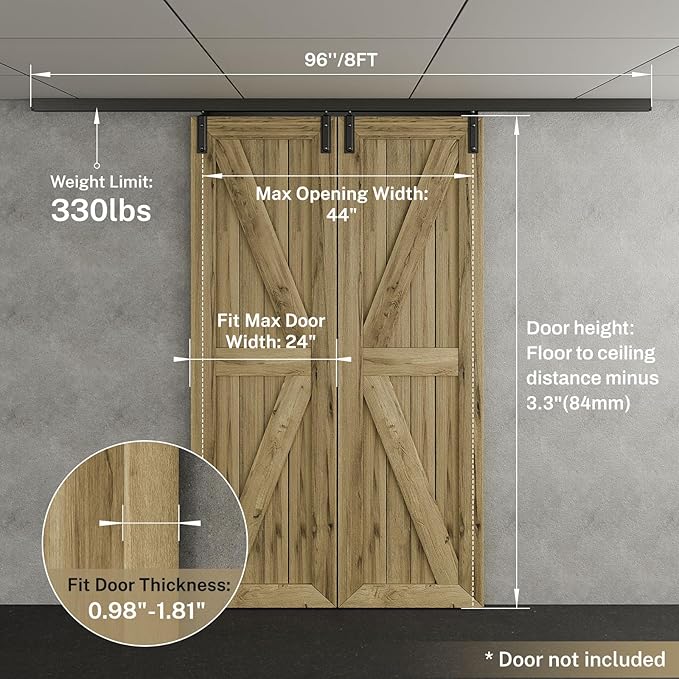 96"/8FT Ceiling Mount Box Rail Barn Door Hardware Heavy Duty Sliding Barn Door Track, Aluminium Alloy Kit for Double Door (No Door)