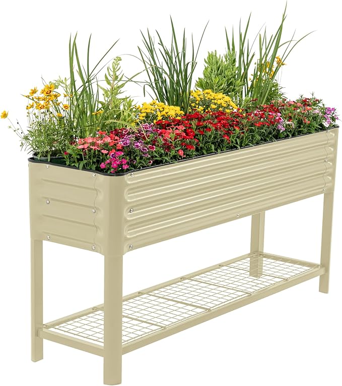 Elevated Raised Garden Bed- Slim Series, 1.5' x 5.5' Outdoor Planters Boxes with Legs & Storage Rack for Patio, 750 Lbs Weight Capacity, Raised Beds for Gardening Herbs Vegetables Flowers, Pearl White