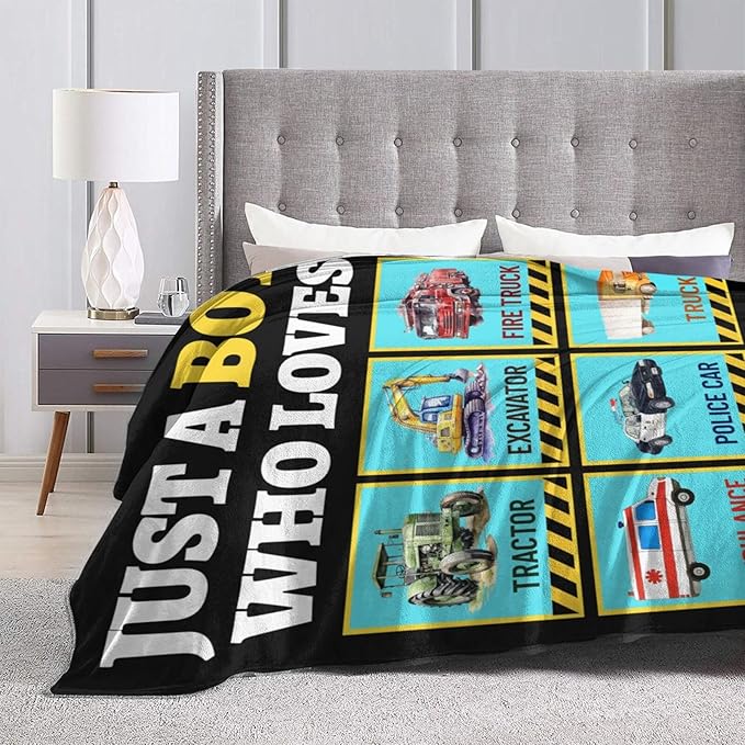 Just a Boy Who Loves Truck Blanket Soft Car Excavator Fleece Throw Blanket Tractor Flannel Plush Bedding Stuff Decor Blankets Gifts for Lover Girls Boys Kids Women Adults Bed Travel 40"x50"