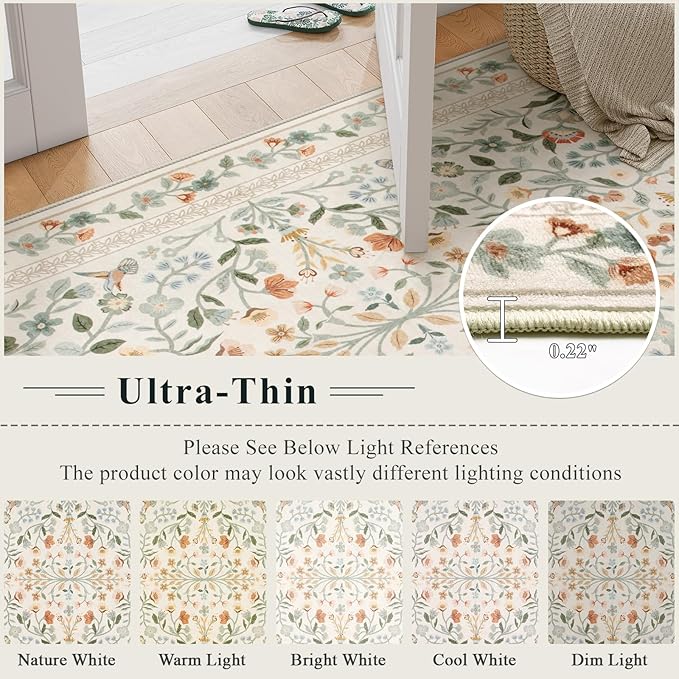 Lahome Floral Area Rug 9x12, Non-Slip Untra-Thin Washable Living Room Rugs, Vintage Botanical Print Low-Pile Soft Botanical Rug for Bedroom Dining Room Office, Beige
