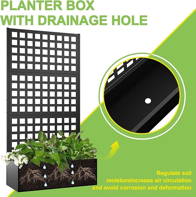 Elevens Metal Planter with Trellis, Trellis with Planter Box & Privacy Screen, Outdoor Raised Garden Bed for Climbing Plants, Trellis Planter Box with Drainage Hole (71"x35"x16")