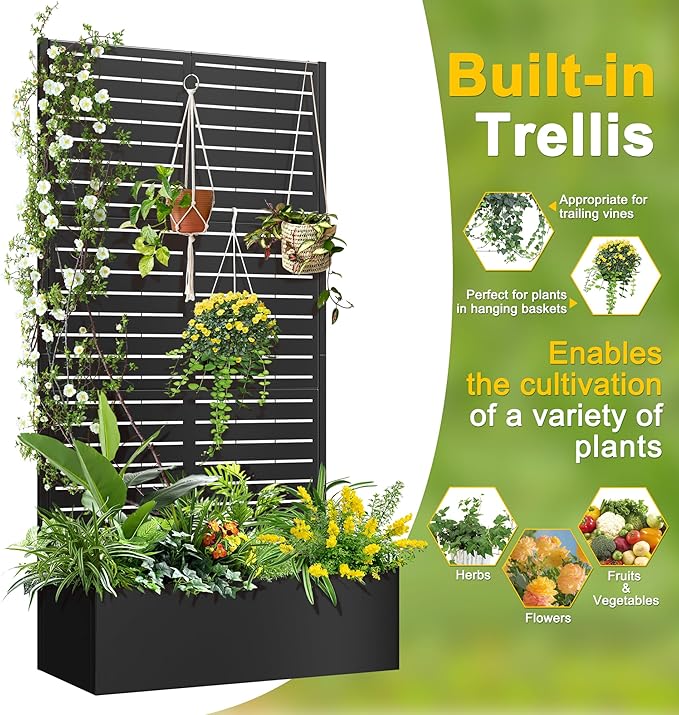 FENCY Metal Raised Garden Bed with Trellis, Metal Planter Box with Trellis, Garden Box for Climbing Plants Vegetable, 35" Lx16 Wx71 H Garden Bed with Drainage Holes(Black-Louvered)