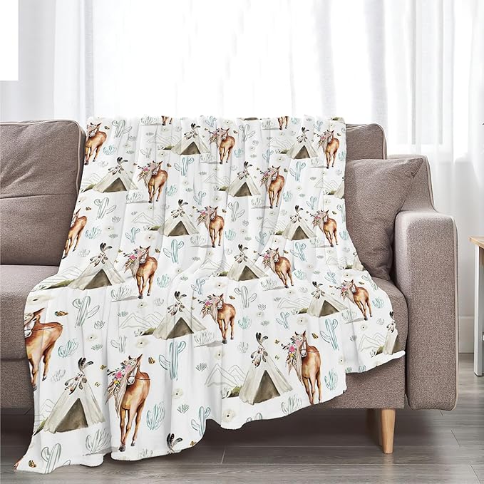 Horse Blanket Rustic Boho Horse Lover Throw Blanket Super Soft Plush Warm Fleece Flannel Western Cactus Decor Gifts for Baby Kids Girls Women Boys for Sofa Couch Bed 40"X50"