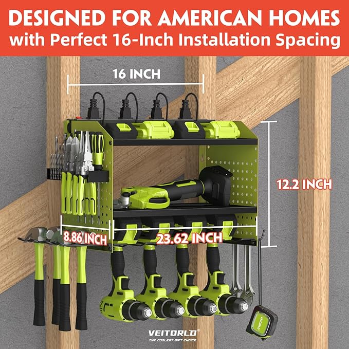 Veitorld Power Tool Organizer with Charging Station, Heavy Duty Modular Wall Mount Rack for Garage - 4 Drill Holders, Tool Storage Organizer, Christmas Birthday Gifts for Men Him Dad Husband