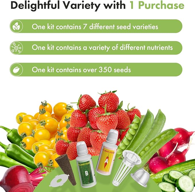 LYKOCLEAN Fruit Seed Kit for AeroGarden, iDOO Hydroponics Growing System Indoor Gardening, 7-Pod, Red Strawberry, Golden Cherry Tomato, Green Pepper, Cucumber, Dwarf Pea, Ruby QueenBeet, 350+ Seeds