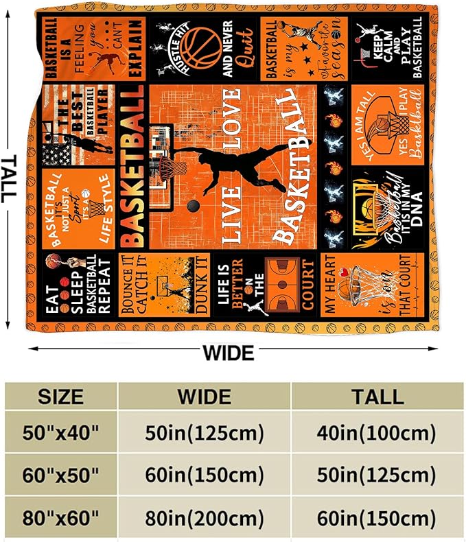 Basketball Blanket Gifts for Boys Girls Soft Warm Plush Basketball Sports Throw Blanket Flannel Fleece Fuzzy Sport Blanket for Kids Lovers Bed Couch Living Room Decor 80"X60"