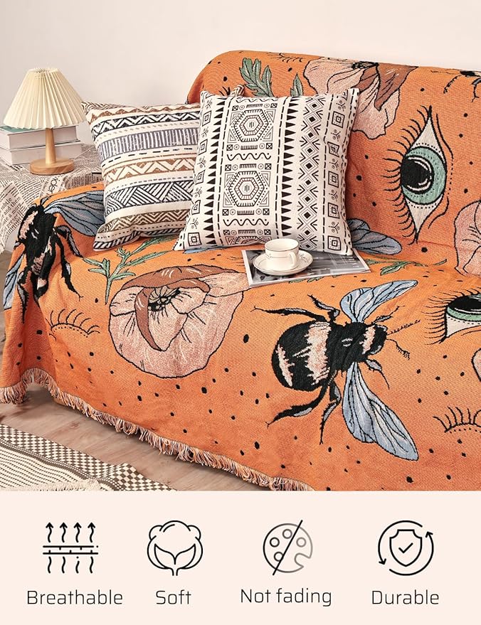 Boho Throw Blanket for Bed Couch Sofa Reversible Cotton Bohemian Travel Boho Quilt Mexican Muslin Blanket Tapestry Hippie Room Decor Outdoor Blanket Double Sided (Boho Bee Yelow 60"x80")