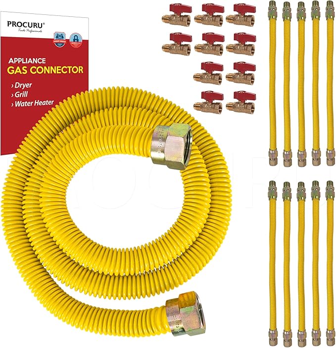 [10-Pack] PROCURU Wholesale 1/2" OD x 60" (5Ft) x 1/2"MIP x 1/2" Straight Valve Flexible Gas Connector, Yellow-Coated Stainless Steel Tubing for Dryer, Grill, Water Heater (Red-6G1260-SV-10P)