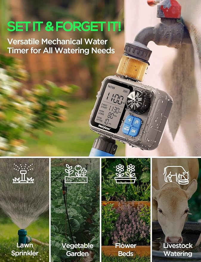 Sprinkler Irrigation Timer with Brass Inlet, Programmable Water Timer for Garden Hose, Automatic Watering System for Yard Lawn, Rain Delay
