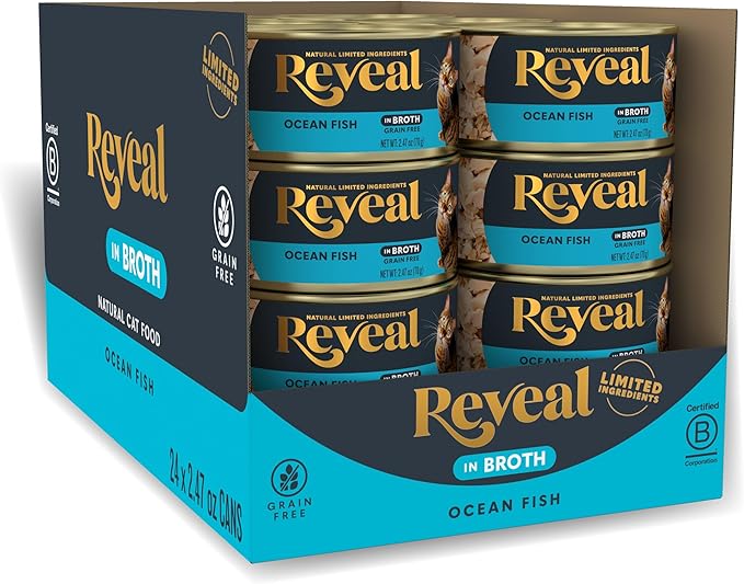 Reveal Natural Wet Canned Cat Food, Limited and Natural Ingredients, Grain Free, High Protein with No Artificial Additives, Ocean Fish in Broth (24 x 2.47 oz Cans)