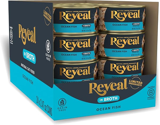 Reveal Natural Wet Canned Cat Food, Limited and Natural Ingredients, Grain Free, High Protein with No Artificial Additives, Ocean Fish in Broth (24 x 2.47 oz Cans)