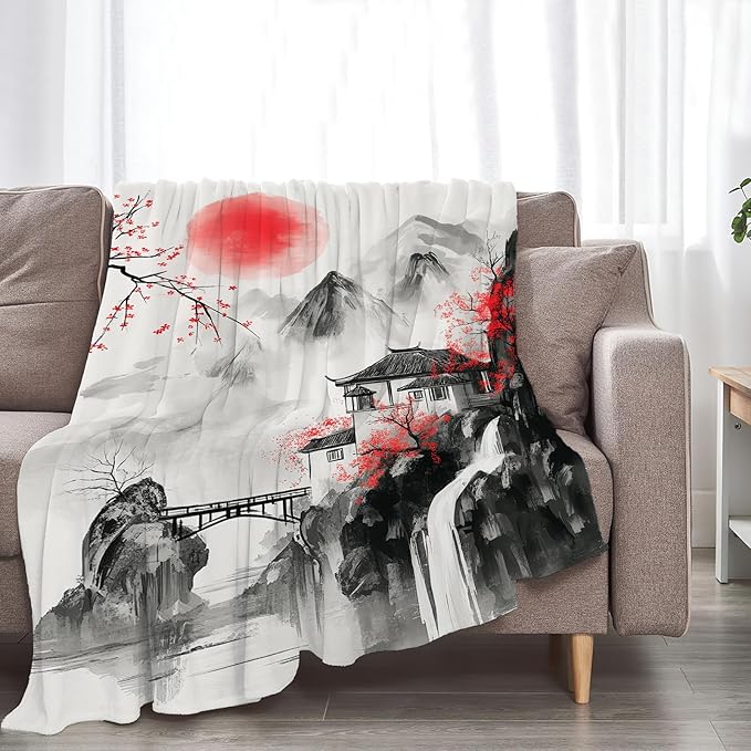 Japanese Throw Blanket Splash Red Cherry Blossom Gifts for Girls Women Men Boys Plush Cozy Flannel Fleece Fuzzy Landscape Blankets 80"X60"