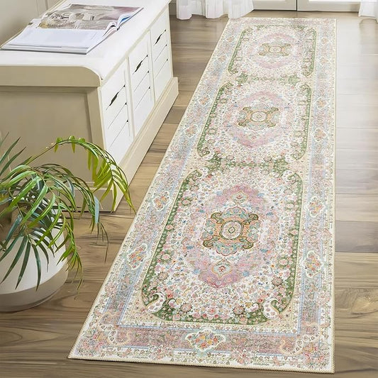 Washable Runner Rug 2x8,Pink Rug Runners Non Slip,Long Boho Rugs for Hallways Kitchen Bedroom Entryway Living Room Bathroom,Vintage Bohemian Distressed Floor Carpet,Blush Green