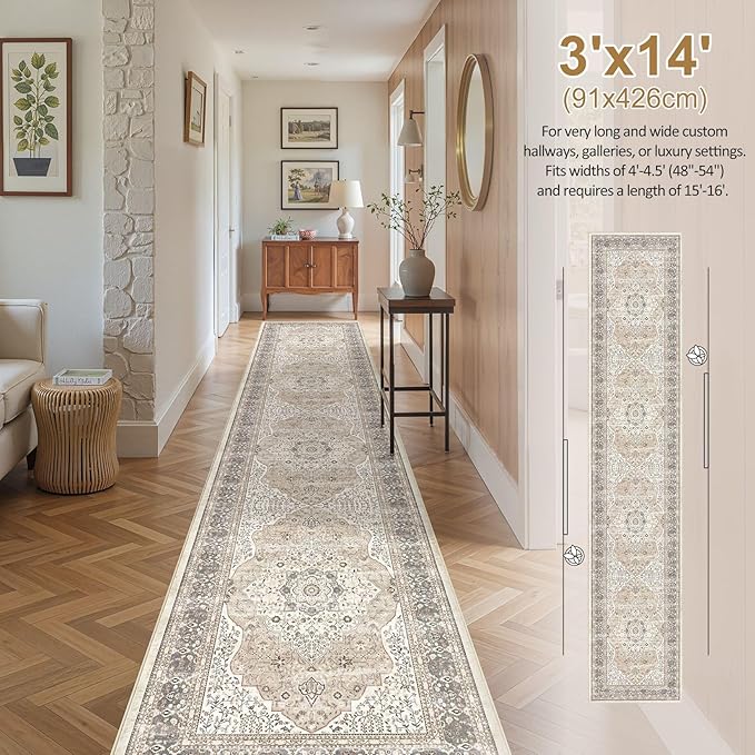 Washable 3x14 Hallway Runner Rug - Vintage Floral Stain & Fade Resistant Non-Slip Backing Ultra-Thin Long Carpet for Entryway, Bedroom, Kitchen, Corridor Decor (Camel/Beige)