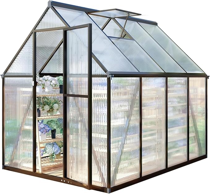CQZY 6x8 FT Greenhouse for Outdoors, Polycarbonate Greenhouse with Quick Setup Structure and Roof Vent, Aluminum Large Walk-in Green House for Outside Garden Backyard, Dark Gray