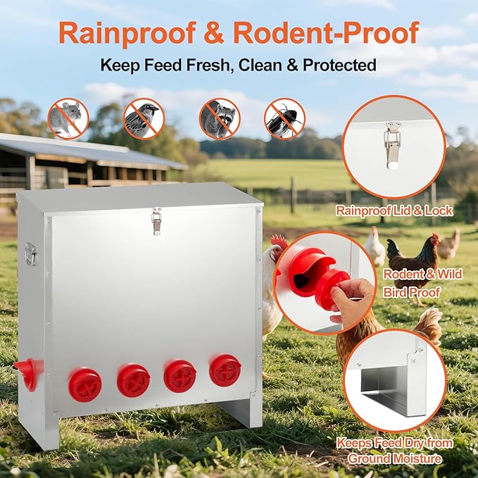 Large Automatic Chicken Feeder 85-120lbs, Galvanized Metal Chicken Food Dispenser, Rainproof & Rodent Proof No Waste Poultry Feeder for Backyard Coop, Farm, Ducks & Hens (10 Ports)