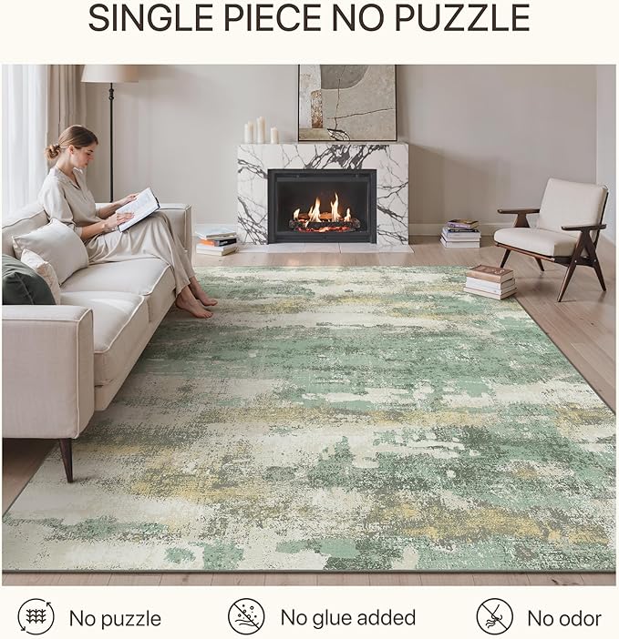 GENIMO 8x10 Area Rugs for Living Room, Modern Abstract Low Pile Rug with Non-Slip Pad, Crease-Resistant Soft Floor Carpet, Single-Piece Rugs for Bedroom, Dining Room, Office, Green Gray