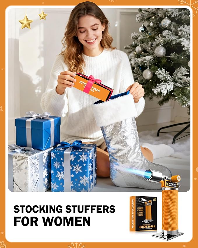 RAVS Butane Torch Lighter, Creme Brulee Torch with Adjustable Flame, Kitchen Torch for Baking, BBQ, DIY, Christmas Gifts Stocking Stuffers Gifts for Women, Orange, Butane Gas Not Included