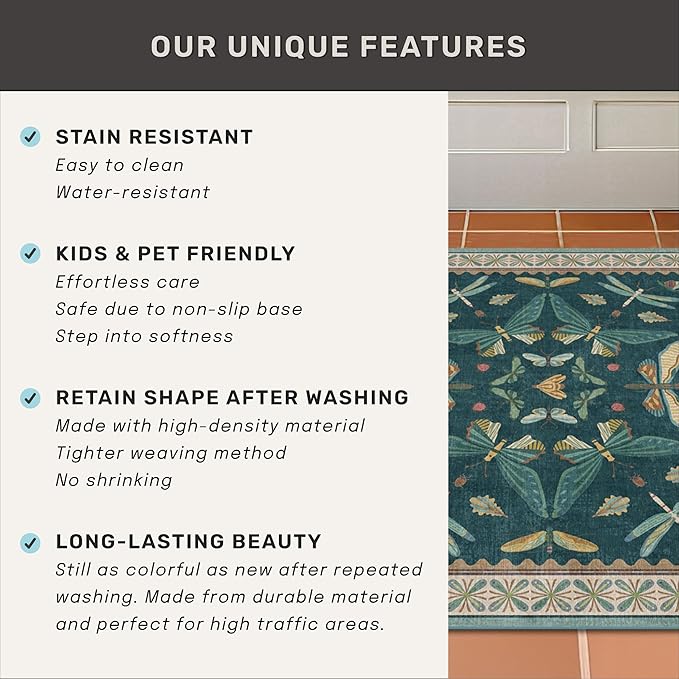 9x12 Large Living Room Rug - Dark Teal Multi Dining Room Rugs for Under Table, Bedroom, Kids Room, Classroom, Insect Butterfly Floral Décor, Lightweight Non Slip Low Pile