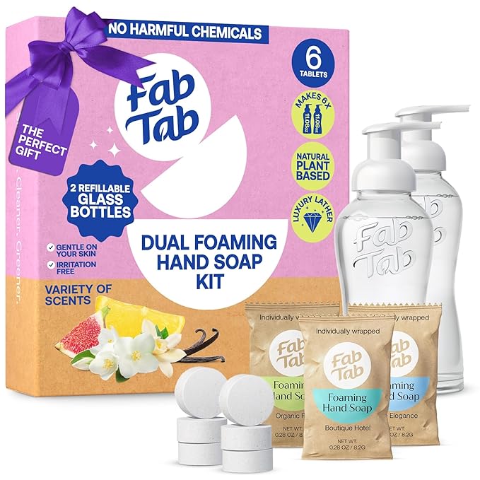 Fab Tab Dual Foaming Hand Soap Kit - 2 Refillable Glass Foaming Hand Soap Dispensers + 6 Tablet Refills - Variety Scents - Makes 6 x 11.9 Fl oz Bottles (71 Fl oz Total)