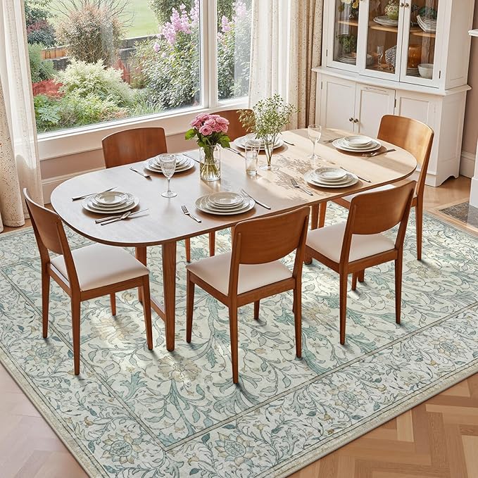 Collive 8x10 Area Rugs for Living Room, Washable Neutral Hand-Painted Floral Bedroom Rug, Vintage Distressed Non Slip Low Pile Large Carpet, Soft Retro Dining Room Office Rug, Ivory/Light Turquoise