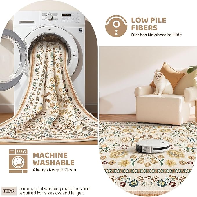 Square Area Rugs : Washable 5x5 Floral Carpet for Living Room Bedroom - Soft Floor Mat with Non Slip Backing for Kitchen Nursery Dorms Farmhouse Home Decor - Brown