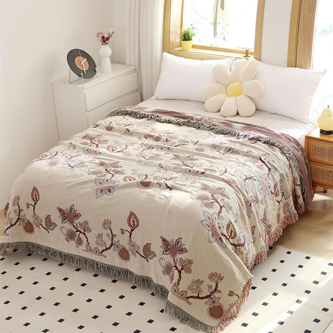 Boho Throw Blanket, 100% Cotton Ultra Soft Luxury Throw Rustic Quilt, Muslin Breathable Soft Bed Throw ，All Throw for Sofa Couch Chair 60×80 Inch
