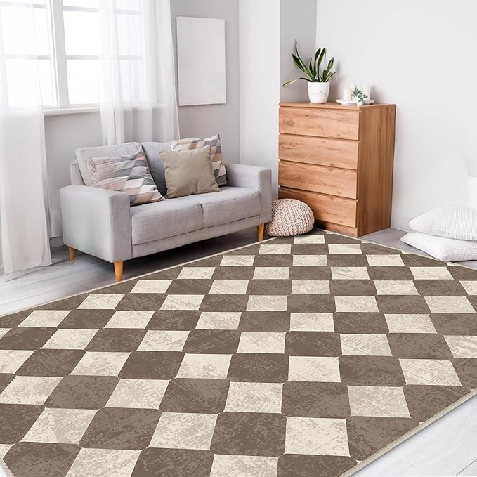 Washable Checkered Brown Neutral Diamond Geometry Area Rugs 5x7 Modern Soft Large Carpet for Living Room Entryway Bedroom Farmhouse Non-Slip