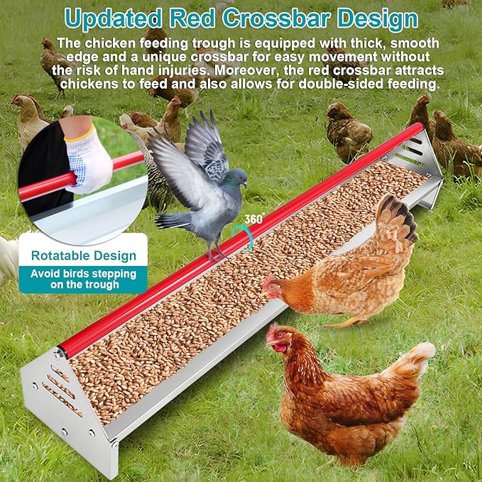 Chicken Feeding Trough 45", Heavy Duty Galvanized Steel Feeder with Drainage Holes & Crossbar, Poultry Feeder Trough for Chicken, Duck, Geese, Turkey, Rabbit and Pigeon