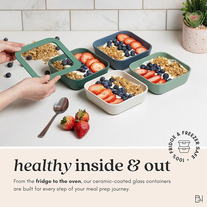 Ceramic Coated Glass Food Storage Container | No PTFE, PFOA, PFAS, and BPA | Reusable Non Toxic Meal Prep Container with Glass Lid | Easy To Store | 2.5 Cup Square [Dusk]
