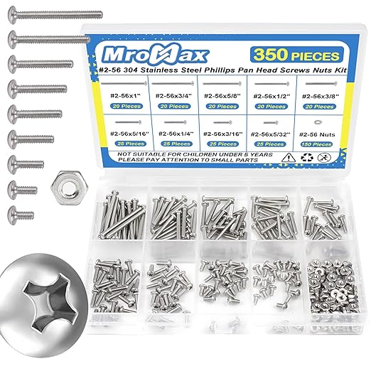 350Pcs #2-56 Phillips Pan Head Machine Screws Assortment Kit 304 Stainless Steel Assorted Nuts and Bolts Fully Machine Thread(#2-56x5/32, 3/16", 1/4", 5/16", 3/8", 1/2", 5/8", 3/4", 1")