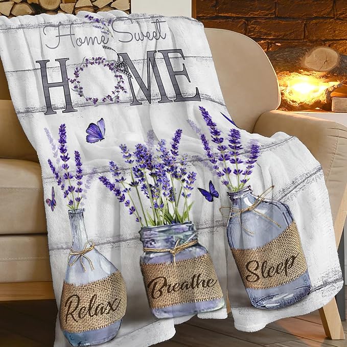 Farmhouse Floral Blanket for Women Girls Ultra Soft Cozy Lavender Flower Throw Blanket Fleece Fuzzy Plush Bedding Blanket Purple Flower Gifts for Women Girls Kids Adults Couch Sofa 60"x50"