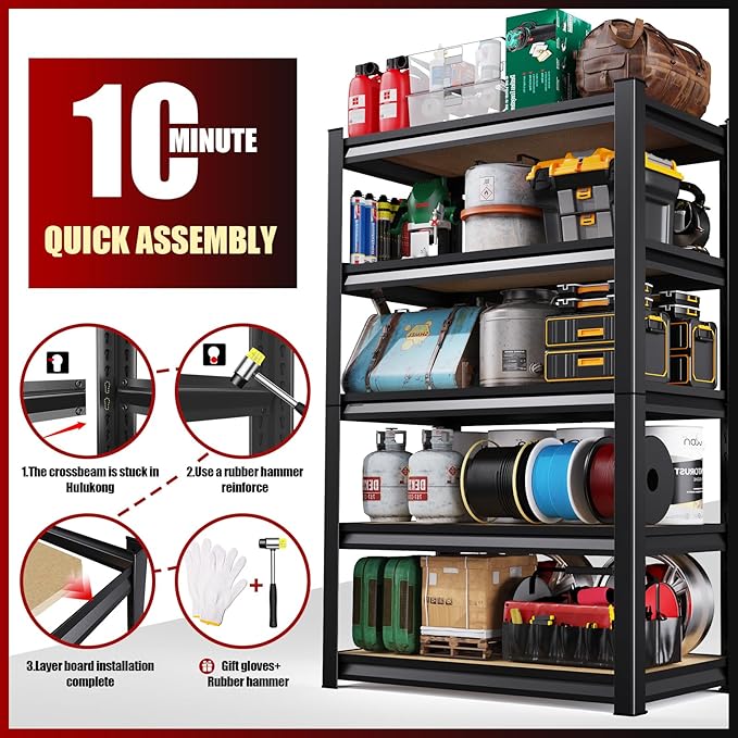72''H/45''W Garage Shelving Heavy Duty 5-Tier Adjustable Storage Shelves Unit,2500 LBS Metal Utility Rack Shelf for Industries, Warehouses, Basement,Black