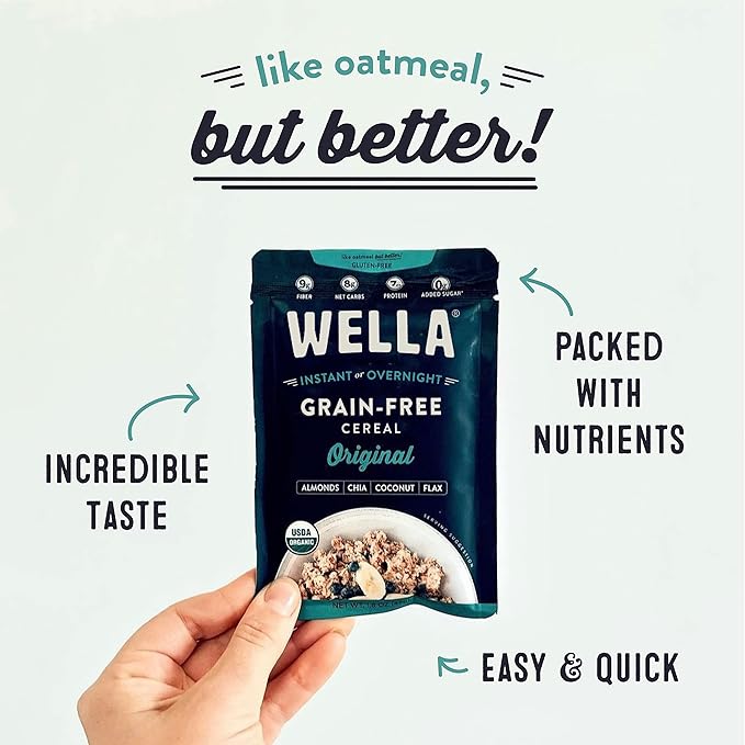 Wella Cereal Oatmeal Alternative, Gluten-Free Breakfast Hot Cereal, Grain-Free Paleo Organic Vegan High Protein Superfood, Plant-Based Non-GMO, Low in Net Carbs, Single-Serve Packets, Original Flavor (10 Count, 1.6 oz. Packets)