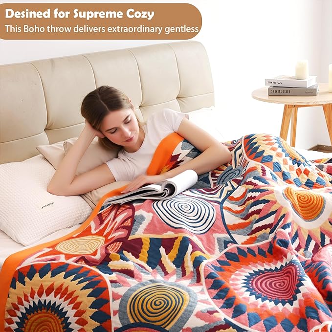 Boho Throw Blanket, 100% Organic Muslin Cotton Skin-friendly Breathable Ultra Soft Bed Quilt Throw - All Season Bohemian Decor Luxury Colorful Blanket for Sofa Couch Chair and Gift. 50" x 60"