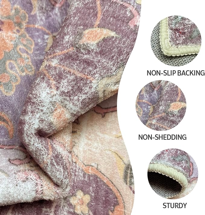 Washable Boho Vintage Purple Area Rugs 4×6 Traditional Mauve Carpert for Girls' Room Nursery Living Room Bedroom Dining Room Non-Slip