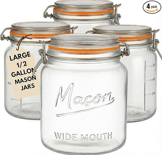 kitchentoolz Large Glass Mason Jars with Airtight Lids - Half Gallon Food Storage & Canning Jars with Measurement Markings - Kitchen Pantry Containers for Flour, Sugar & Dry Goods - 64 oz (4pk)