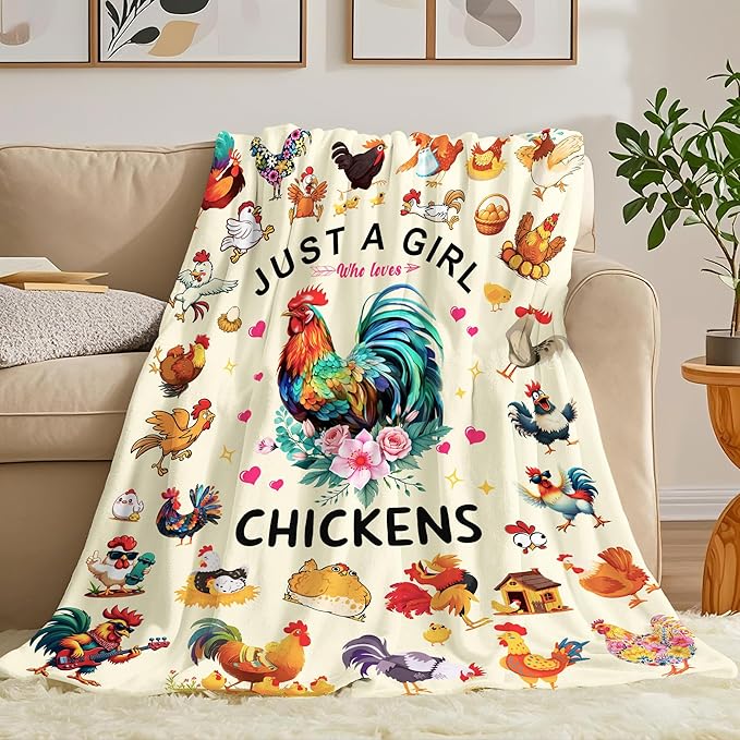 Chicken Blanket Gifts for Girls Women Soft Flannel Chicken Themed Throw Blanket Rooster Birthday Bedding Decor Gifts for Kids Adults Stuff 60" x 50"