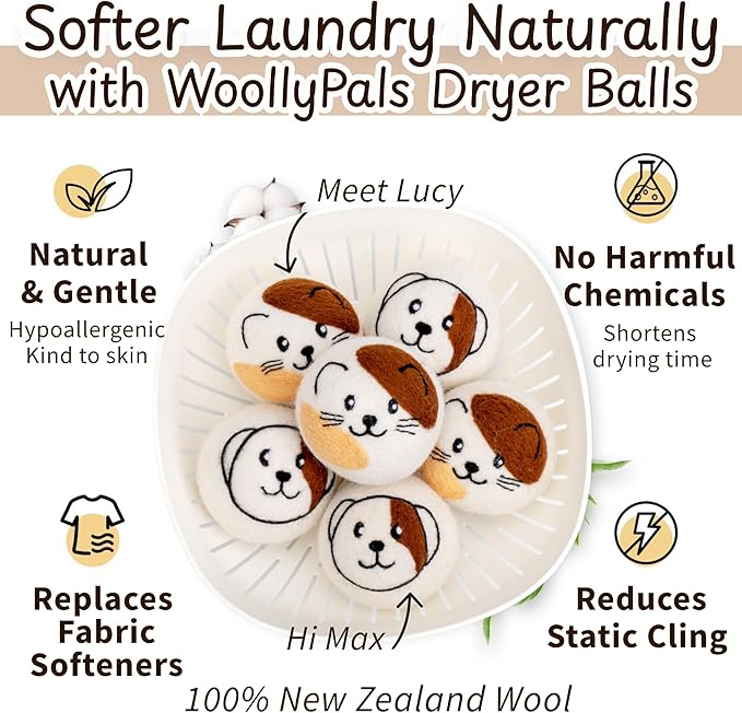 WoollyPals Wool Dryer Balls (6-Pack, XL Size)- 100% New Zealand Organic Wool - Sustainable & Eco-Friendly - Dry 1,000 Loads, Replaces Dryer Sheets, Reduces Static Cling, Reusable (Multi Colour)