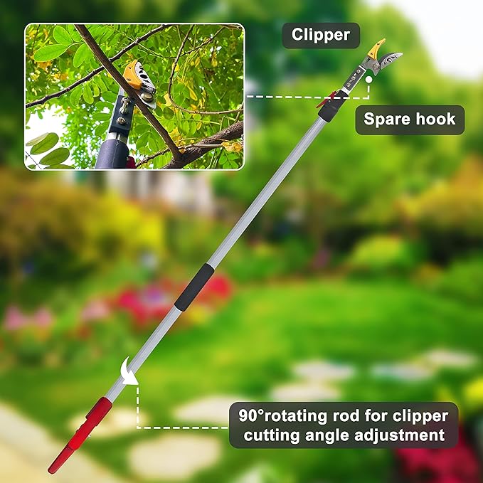 Telescopic Tree Trimmer 5.8-10 FT with 2 Section, 4 Node Adjustable, Cut and Hold Pruner, Pole Saw Extendable, Long Handle Fruit Picker, Branch Cutter, Loppers, Clippers With Hook