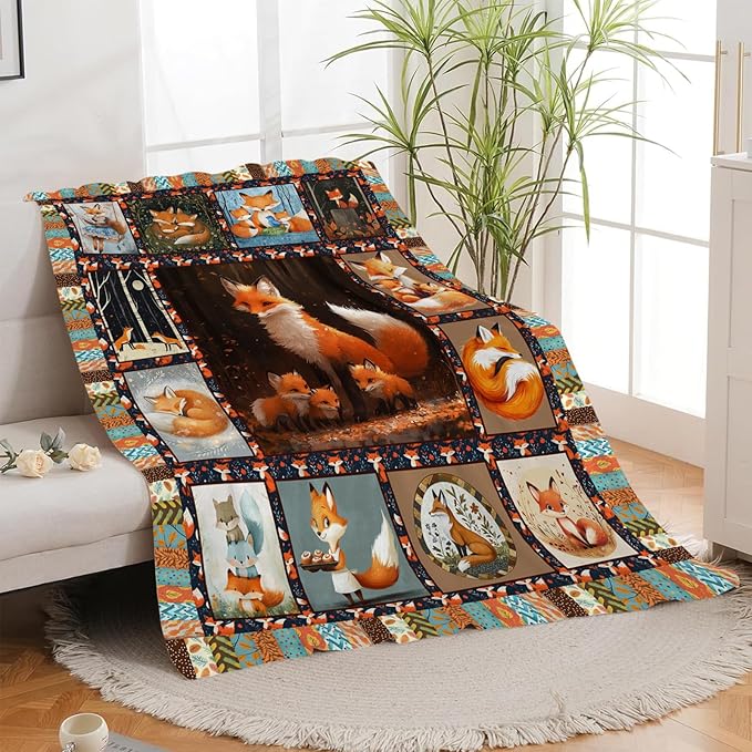 Fox Blanket, Foxes Throw Blanket, Cute Animal Gifts Blankets Stuff Fleece Flannel Plush for Girls Women Men Boys Lovers Adults Soft Bedding Gift for Sofa Bed Office Home Decor 60"x50"