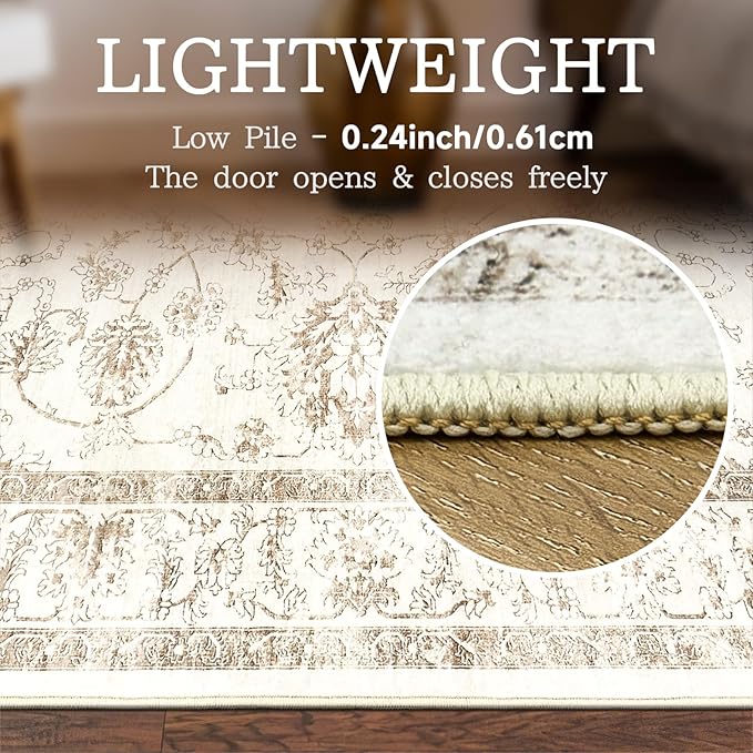 Madane Washable 6x9 Area Rugs for Living Room, Vintage Natural Rug with Non-Slip Backing, Soft Stain Resistant Throw Rugs Thin Carpet for Bedroom Dining Room Farmhouse (6 x 9, Brown/Ivory)