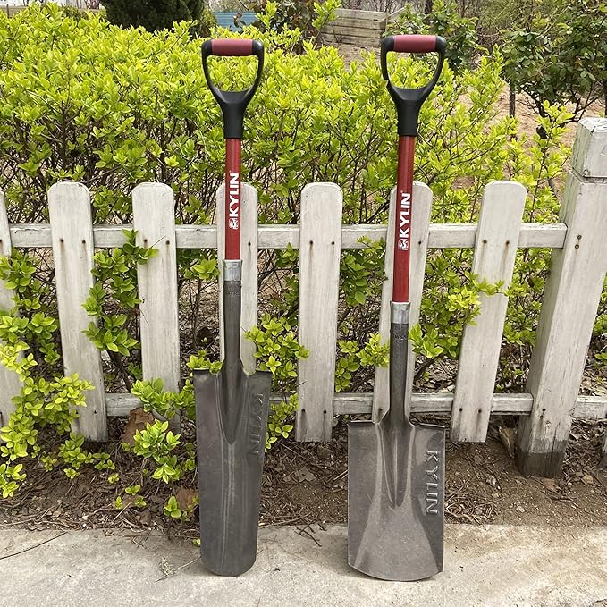 KYLIN Garden Spade Shovel and Drain Spade for Digging Trenches Gardening Construction Heavy Duty Fiberglass D-Handle Shovel 2-Piece Set