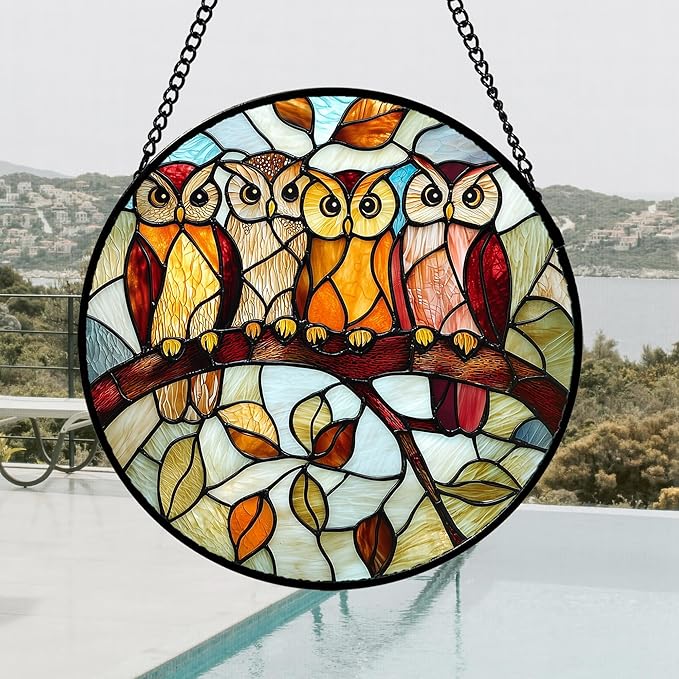 Stained Glass Window Hanging, 4 Owls on a Branch Sun Catcher for Door Home Decor White Brown Bird Suncatcher Christmas Mother's Day Birthday Gifts for Women Men Mom and Nana 15 in