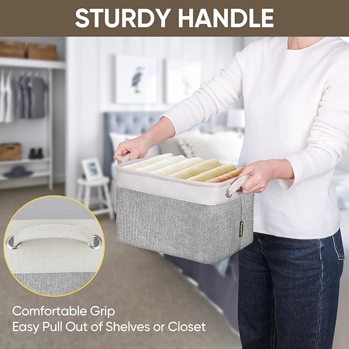 BALEINE 4 Pack Fabric Storage Bins for Shelves, Linen Storage Baskets for Organizing, Decorative Closet Bins for Clothes, Home (Grey, 12"x8"x8")