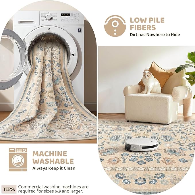 Runner Rug for Hallways Kitchen: 2x8 Washable Area Rug Boho Floral Soft Long Rug - Non-Slip Low Pile Throw Indoor Carpet for Entryway Kitchen Bedroom Laundry Bathroom - Multi Color