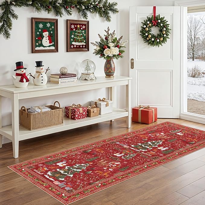 Christmas Runner Rug for Hallway: 2x6 Neutral Modern Festive Low Pile Soft Thin Indoor Carpet for Bedroom Kitchen Mat Kids Room Holiday Decor - Red