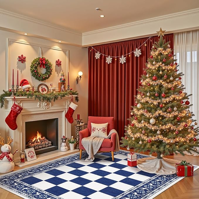 GarveeHome Blue Area Rugs 9x12 Living Room, Washable Rug for Christmas Decor, Indoor Non Slip Carpet, Checkered Soft Low Pile Christmas Rug for Bedroom, Dining Room
