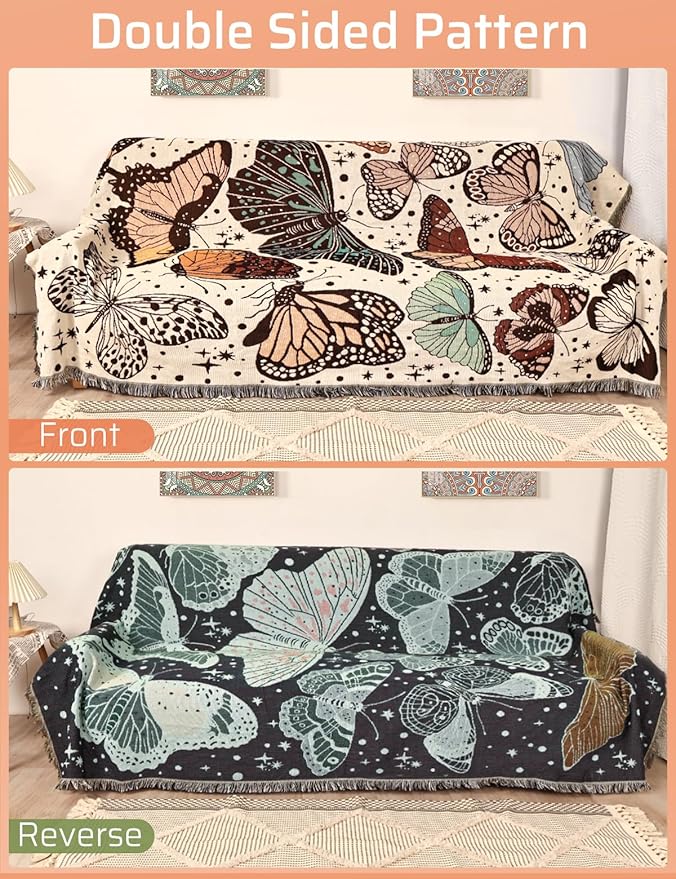 Boho Throw Blanket for Bed Couch Sofa Reversible Cotton Bohemian Travel Boho Quilt Mexican Muslin Blanket Tapestry Hippie Room Decor Outdoor Blanket Double Sided (Month Moth Print 70"x90")