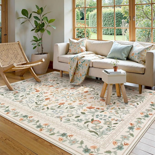 Lahome Floral Area Rug 5x7, Washable Soft Kids Room Nursery Rug Non Slip Ultra-Thin Carpet for Bedroom, Vintage Botanical Print Carpet for Playroom Classroom Living Room, Beige